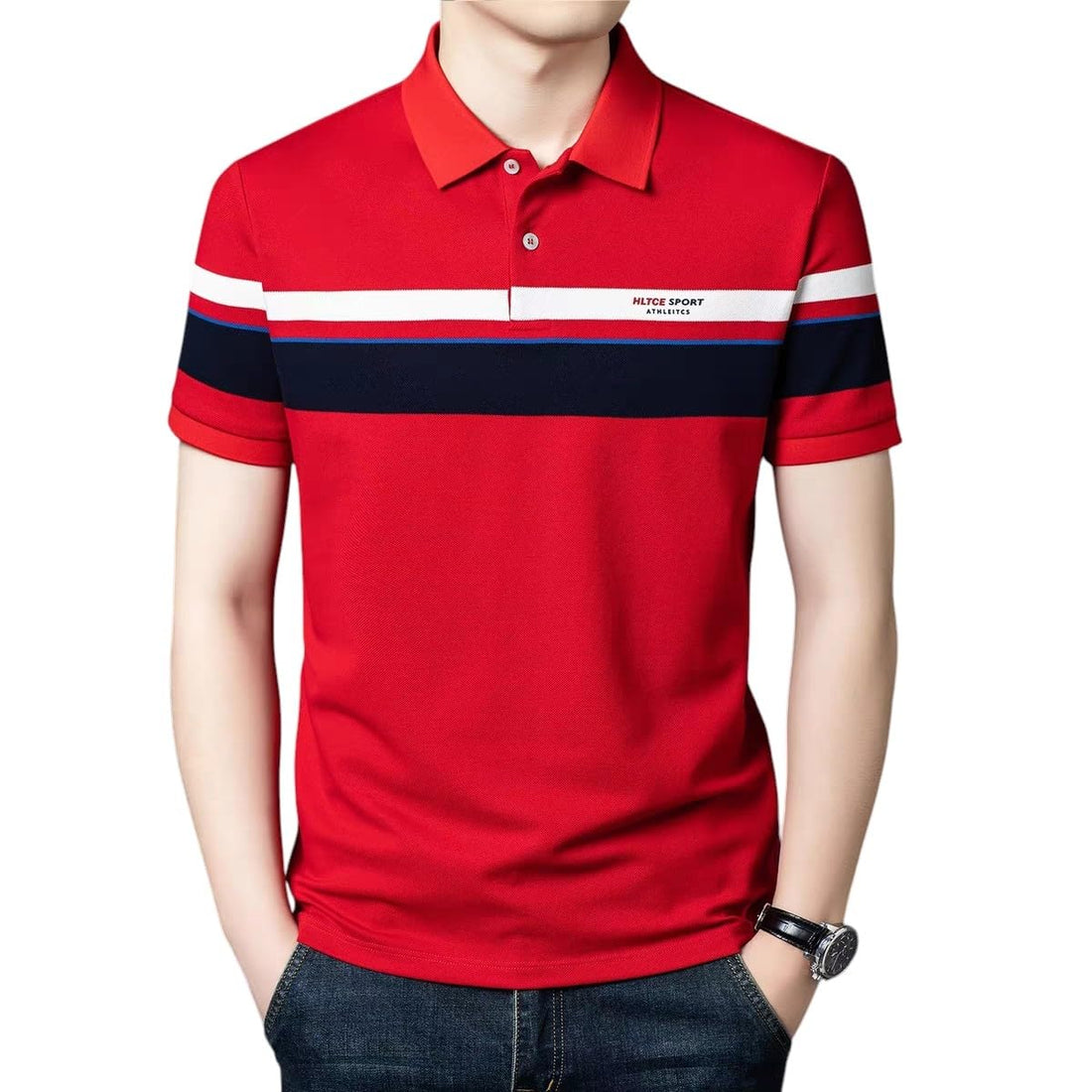 Men's Polo Shirt Becca Imported High Quality Cotton Red with White and Navy Stripes Short Sleeve