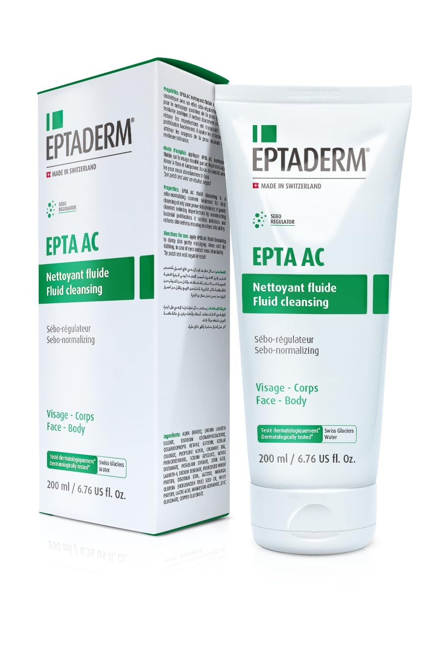 EPTADERM EPTA AC Fluid Cleansing, Sebo-Normalizing for Face and Body, Balanced Cleanser for Oily and Acne Prone Skin, Soothes Irritation and Redness, 200ml