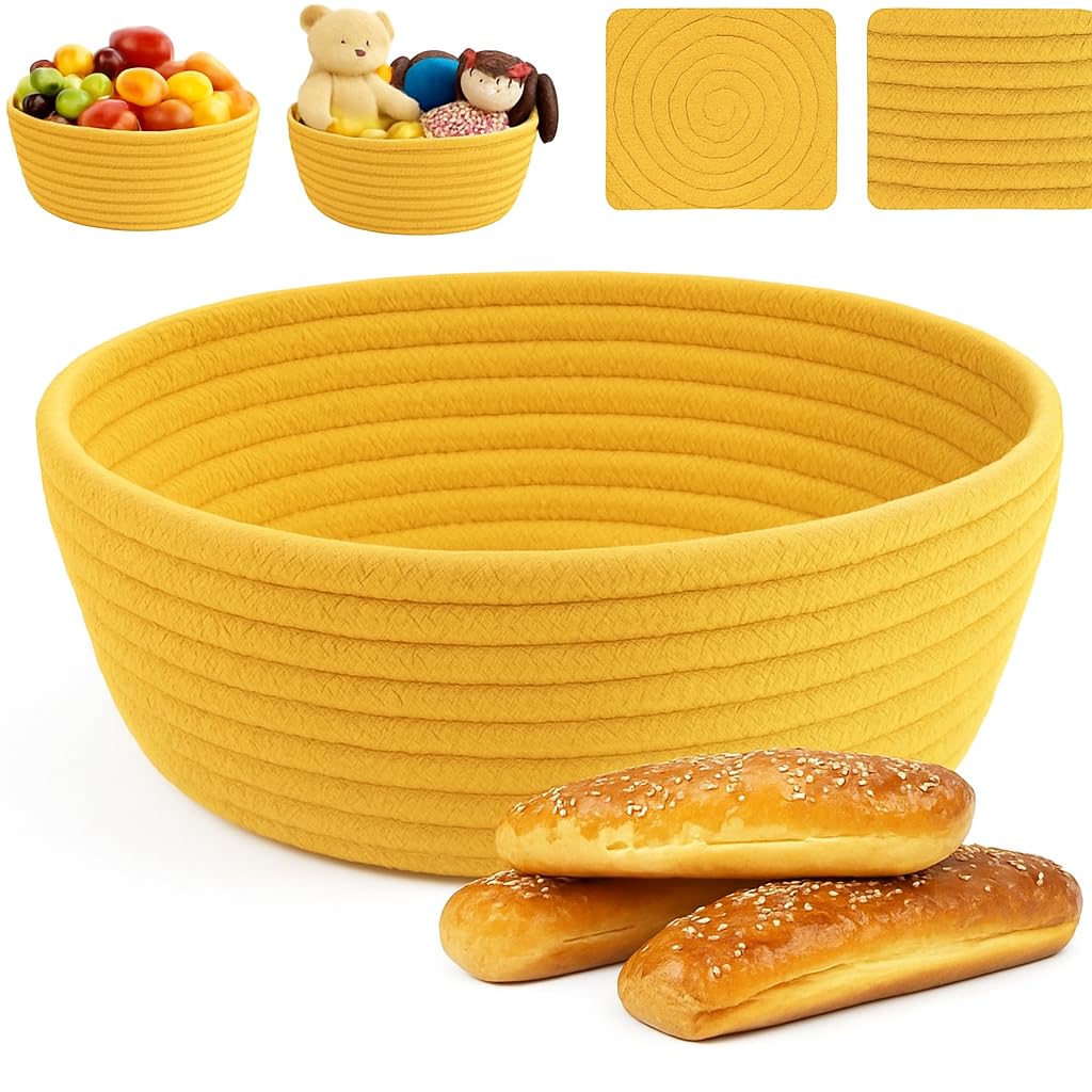 MZ Cotton Rope Storage Bowl, 26 x 9 cm Round Decorative Basket, Yellow Serving Bowl for Fruits and Bread