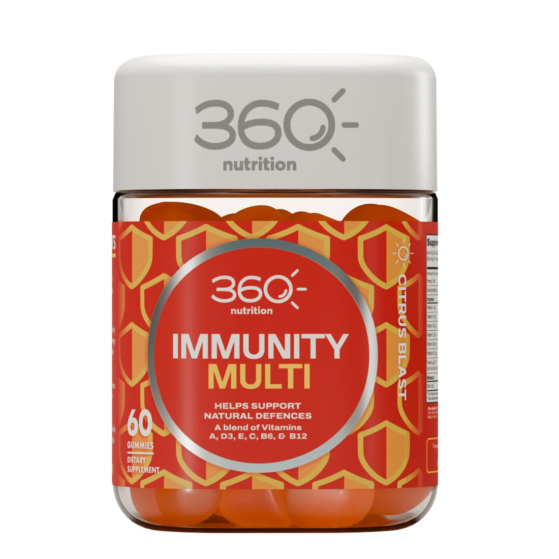 360 Nutrition Immunity Gummies – Immune Support with Vitamins A, C, D, E, Zinc & B Vitamins – Daily Immune Défense – Orange – 60 Gummies