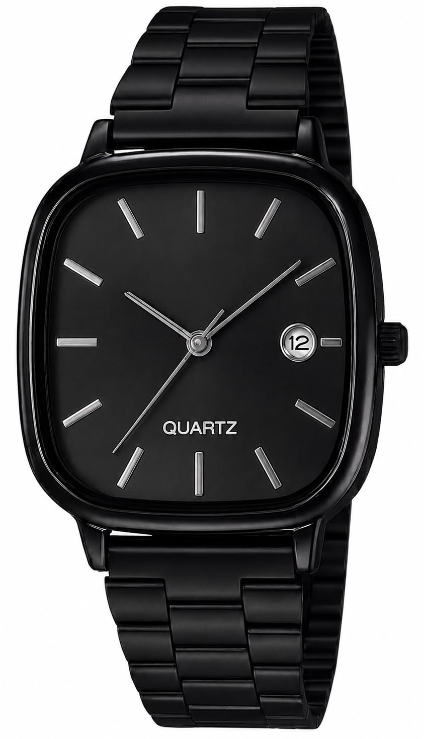 Men’s ALL Black Quartz Watch – Minimal Square Stainless Steel Wrist Watch for Men with Date Display | Classic Silver Dial & Metal Strap