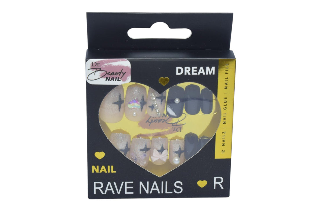 Nail Press On Nails With Rhinestone Set, 12 Pieces - Off White Black