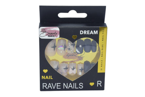 Nail Press On Nails With Rhinestone Set, 12 Pieces - Off White Black