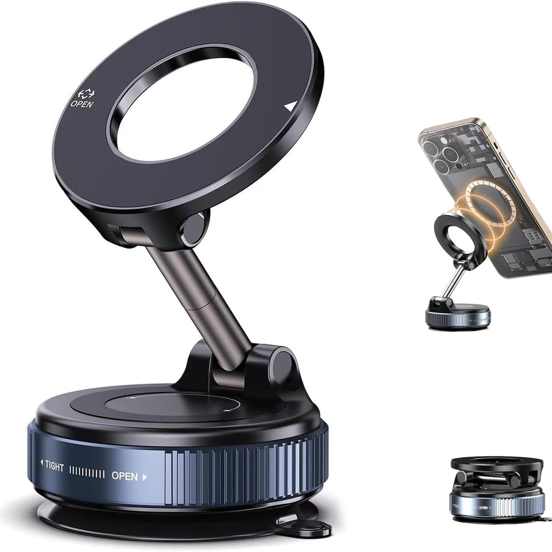 Vacuum Magnetic Phone Holder, 360° Adjustable Magnetic Car Mount, Foldable Portable Suction Cup Cell Phone Mount for Car/Gym/Mirror/Shower, Compatible with All Smartphones & All Car Models