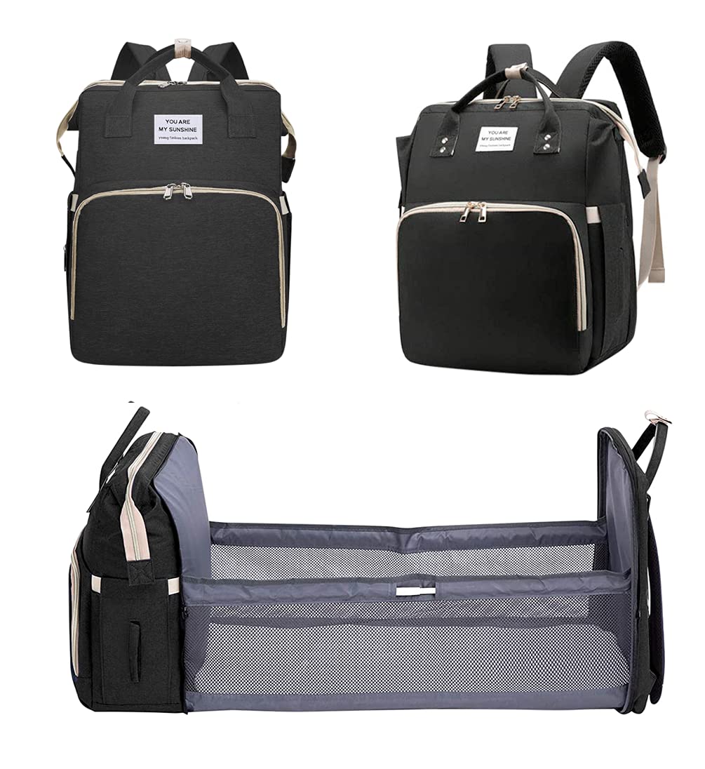 Baby Diaper Bag Backpack for Travel - Portable Nappy Bag with Changing Pad & Stroller straps, Foldable Baby Bed Travel Bassinet, Waterproof Newborn Diaper Bag Tote (black)