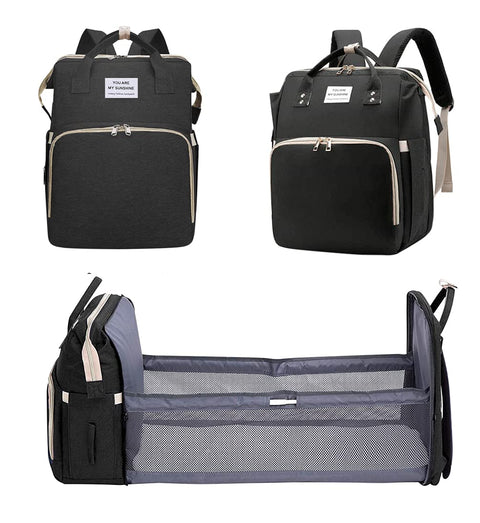 Baby Diaper Bag Backpack for Travel - Portable Nappy Bag with Changing Pad & Stroller straps, Foldable Baby Bed Travel Bassinet, Waterproof Newborn Diaper Bag Tote (black)
