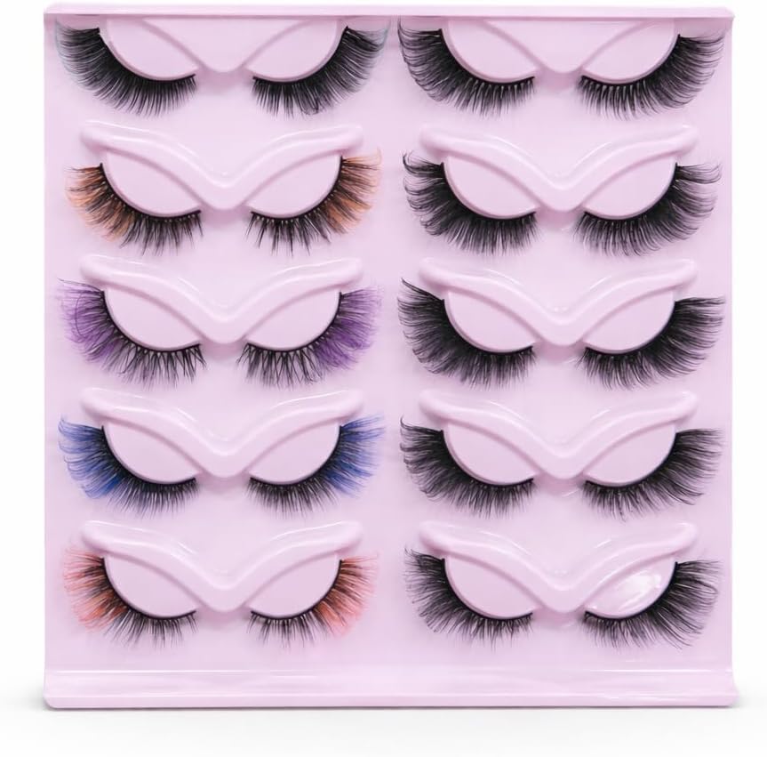 12 Pairs False Eyelashes Set, Mixed Color and Classic Black Lashes, Long Fluffy Wispy Reusable Fake Eyelashes with Soft Flexible Band, Lightweight Easy Apply Lashes, Glam and Party Looks