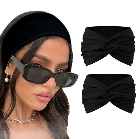 Knitted Cotton Headband for Women's, 95% Cotton, Turban Headband for Women Girls Headwrap Accessories for Women and Girls Cute Knot Hair. (Black x2, One Size)