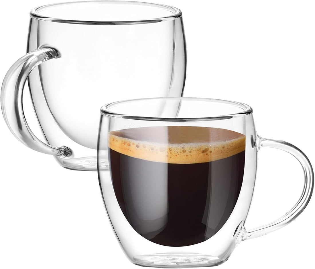 Doublglasse Wall Glass Coffee Mugs with Handle,Insulated Coffee Glass,Clear Espresso Cups,Glass Cappuccino Cups,Tea Cups,Beverage Glasses,Heat Resistant,Dishwasher Microwave Safe (2, 8oz-250ml)