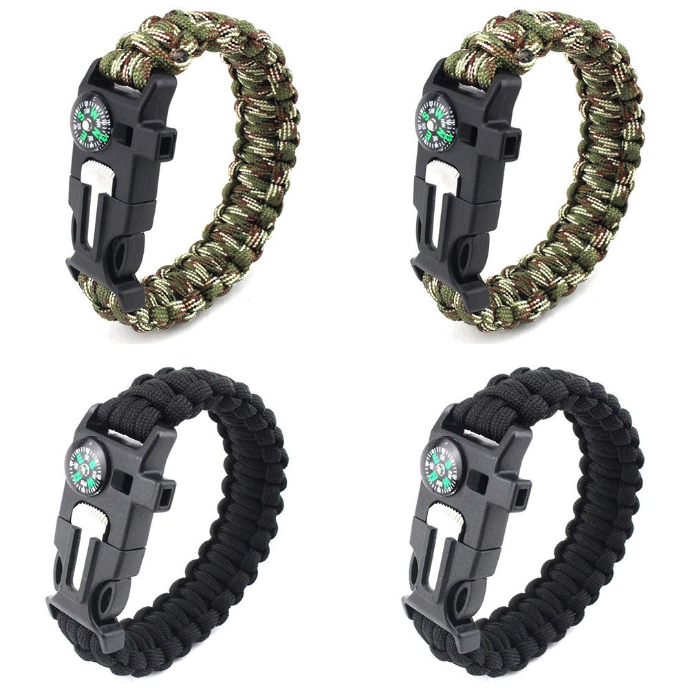 4 Pcs Adjustable Survival Bracelet, 5 in 1 Outdoor Bracelets with Flint Fire Starter/Scraper/Compass/Whistle and Parachute Cord Buckle, Hiking, Camping or Outdoor Activities