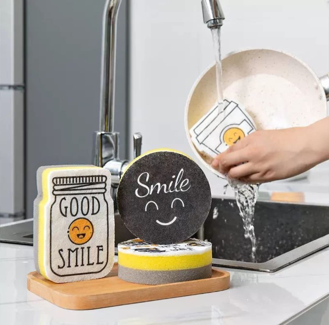 Kitchen Scrub Sponges Non-Scratch Multi-Use - Heavy Duty Scrub Sponge for Dishes Pots and Pans - Three-Layer Cleaning Sponge - (Pack Of 4 Smiley Face)