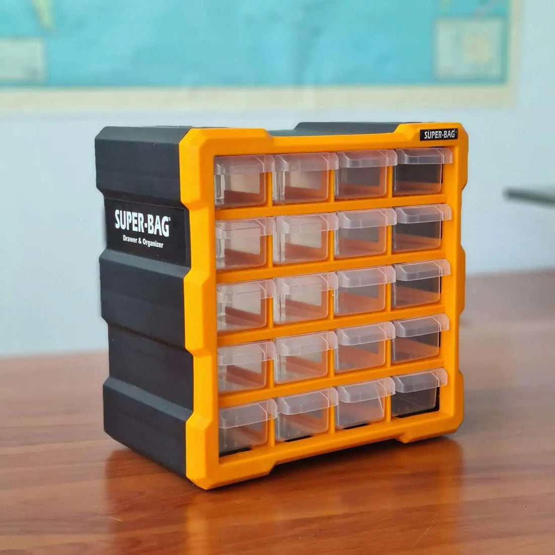 20 Drawer Compact Tool Organizer, Clear Drawer Storage Box with Removable Dividers, 267x157x262mm, Orange and Black