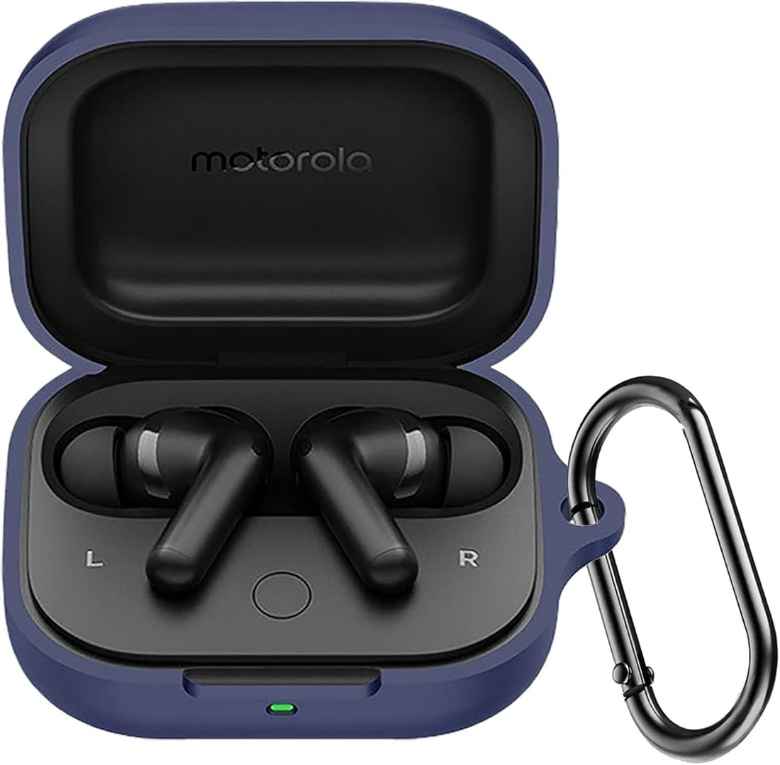 Dl3 Mobilak Compatible with Motorola Moto Buds/Moto Buds Buds+ Case Cover, Soft Silicone Shockproof Protective Case Wireless Earbuds with Carabiner, Front LED Visible (Blue)