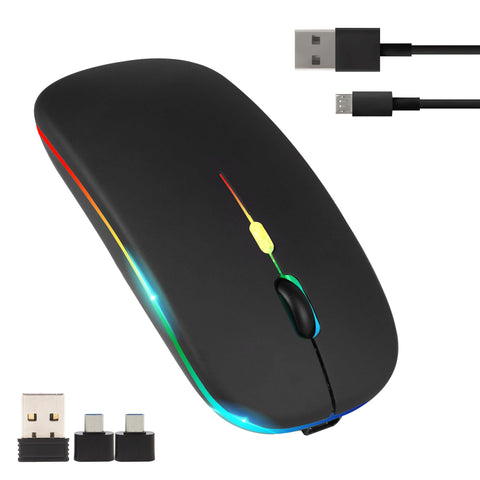 Wireless Mouse for Laptop With 2 USB A to USB C Adapter, 2.4GHZ Bluetooth Mouse Rechargeable,Computer Mouse Wireless with 800 To 2400 DPI, Silent Click, RGB Ligts, Slim Wireless Mouse With 3 Buttons