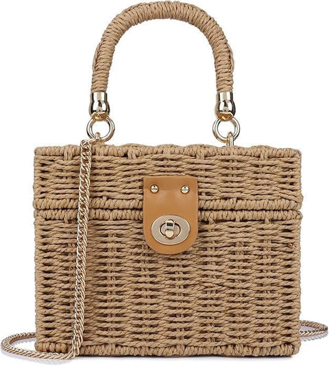 Women's Handwoven Crossbody Shoulder Bag, Straw Beach Bag with Top Hole and Fashion Chain Strap, Summer Vacation Bag and Fashion Accessory, Chic and Attractive.
