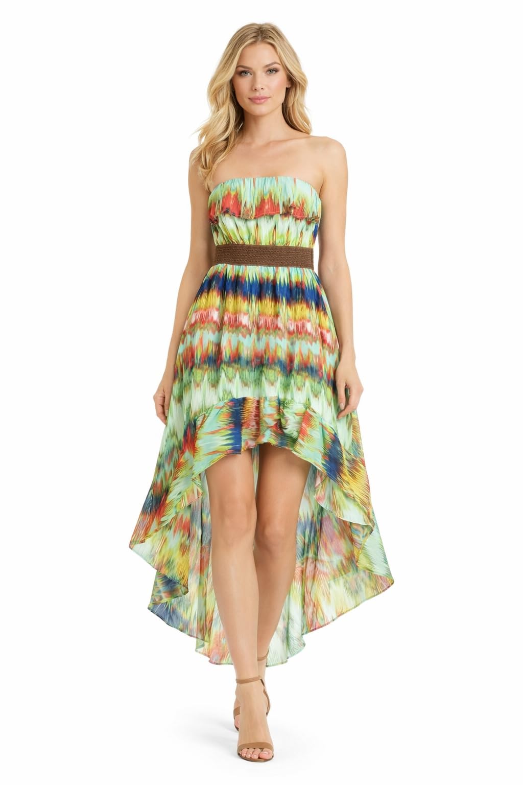 Women High Low Chiffon Dress Strapless Summer Printed Beach Dress Short Front Long Back Casual Party Dress with Lining XXXL (Thomas & Splendor)