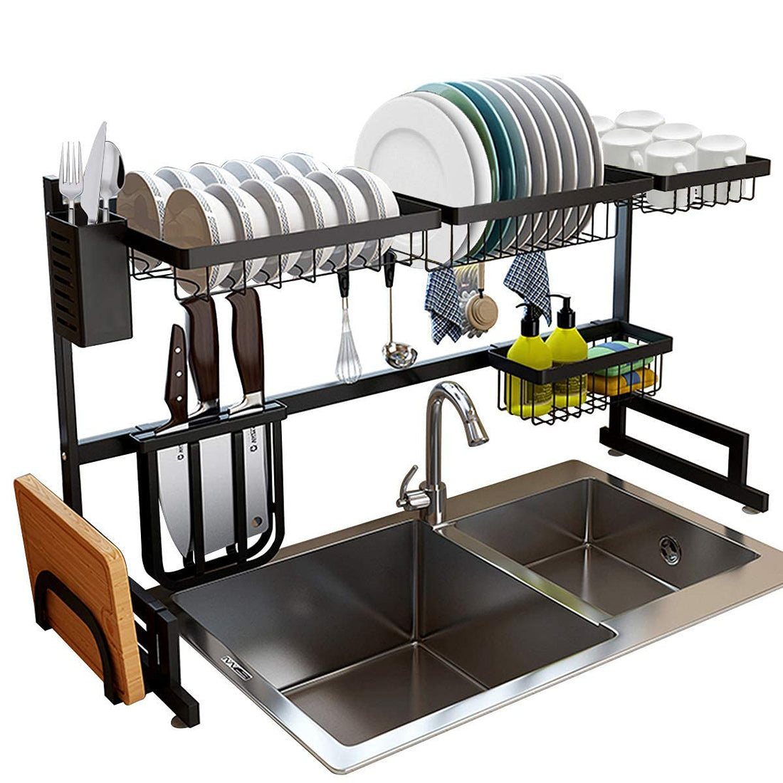 Arabest Dish Rack Kitchen Organizer Rack - Dish Drying Rack Kitchen Sink Drain Storage Rack Stainless Steel Counter Organizer, Width Adjustable 2-layer Tableware Kitchen Storage (black)