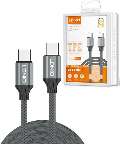 LDNIO LC442C Type-C to Type-C Cable 2M – 65W Fast Charging, Data Transfer, Durable Braided Cord for Smartphones, Laptops & Tablets – Gray
