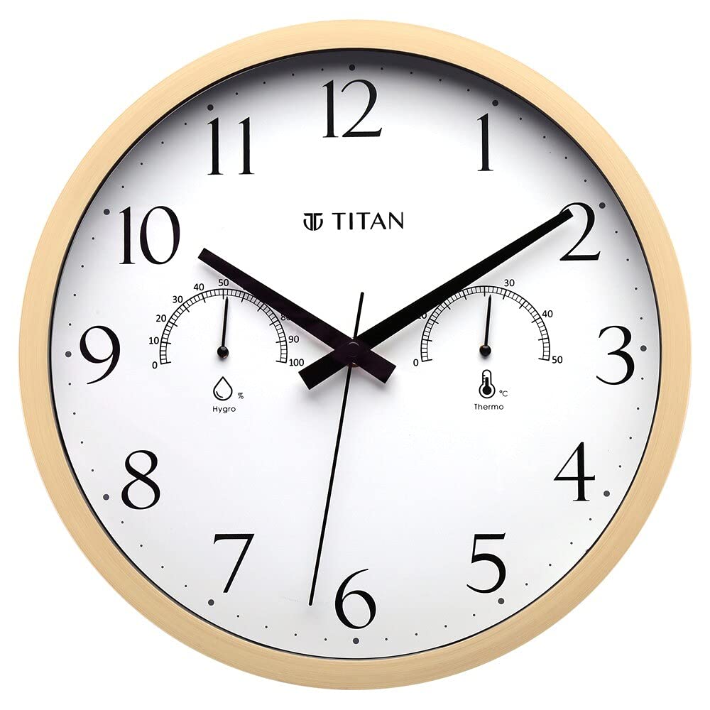 Titan Plastic Wooden Finish Wall Clock with Thermometer & Hygrometer (37.0 cm x 37.0 cm x 4.7 cm, Beige)