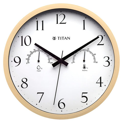 Titan Plastic Wooden Finish Wall Clock with Thermometer & Hygrometer (37.0 cm x 37.0 cm x 4.7 cm, Beige)