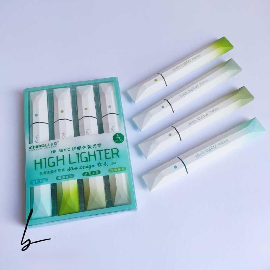 Magic Diamond Highlighter Pens, Set of 4, Slim Design, Neon Colours - Match New Green
