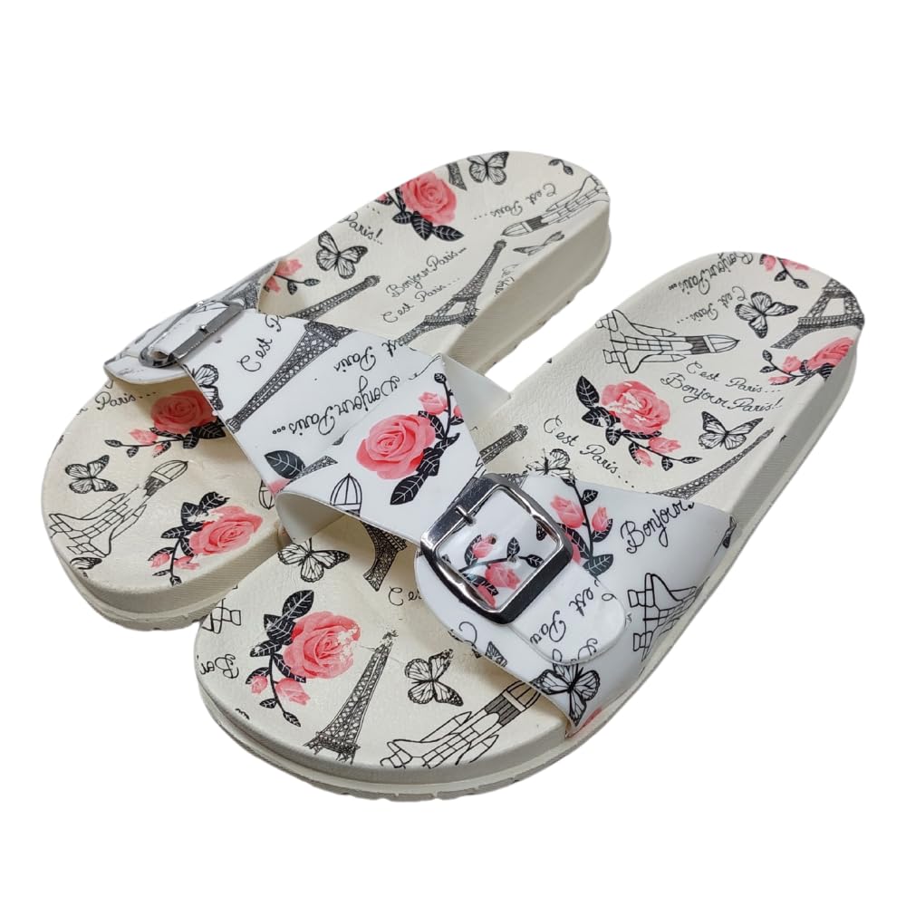 Women's Paris-Themed Slide Sandals, White with Peach color Roses and Eiffel Tower Print, Buckle Closure Size 38 - شبشب حريمي مطاط مريح