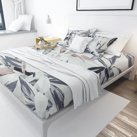 Bedn Home N Leaves Printed Fitted Sheet Set, 140 cm x 200 cm Size, Beige