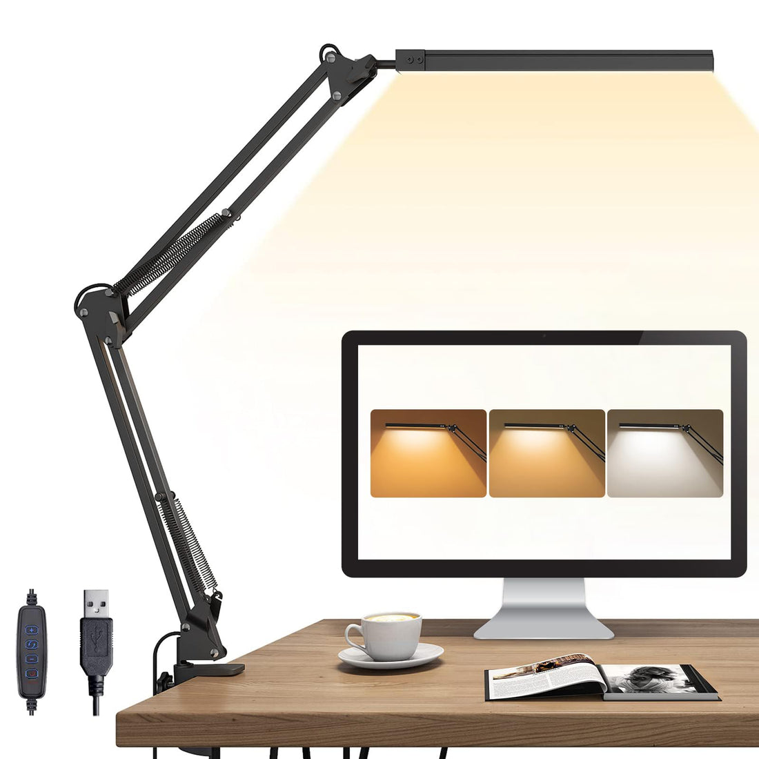 Necomi LED Desk Lamp مصباح مكتبي With Clamp, 3 Lighting 10 Brightness Eye-Caring Modes, Reading Desk Lamps for Home Office 360 Degree Spin with Memory Function 12W-Black