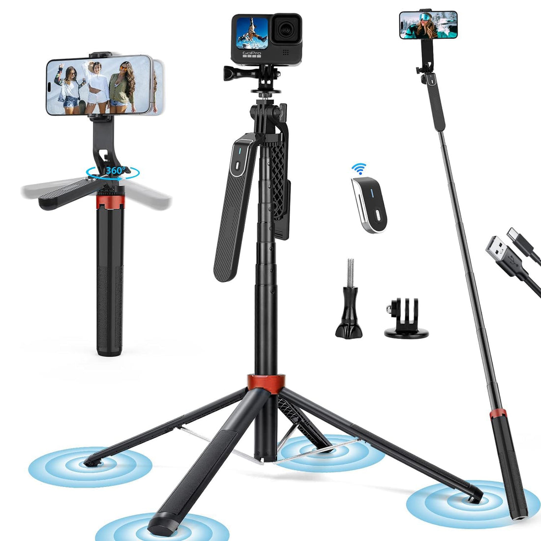 Sounce Selfie Stick with Tripod Stand, Aluminum 360 Degree Rotation Rechargeable Bluetooth Remote, 71 inches Selfie Stick for Vlogging, Video Compatible with Mobile, iPhone, GoPro, Camera - Black