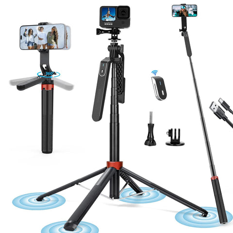 Sounce Selfie Stick with Tripod Stand, Aluminum 360 Degree Rotation Rechargeable Bluetooth Remote, 71 inches Selfie Stick for Vlogging, Video Compatible with Mobile, iPhone, GoPro, Camera - Black