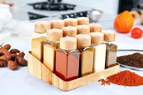 Generic Spice and Seasoning Set, 12 Pieces with Stand and Stickers, Anti-Break, Wooden Plastic Cover (bakar)