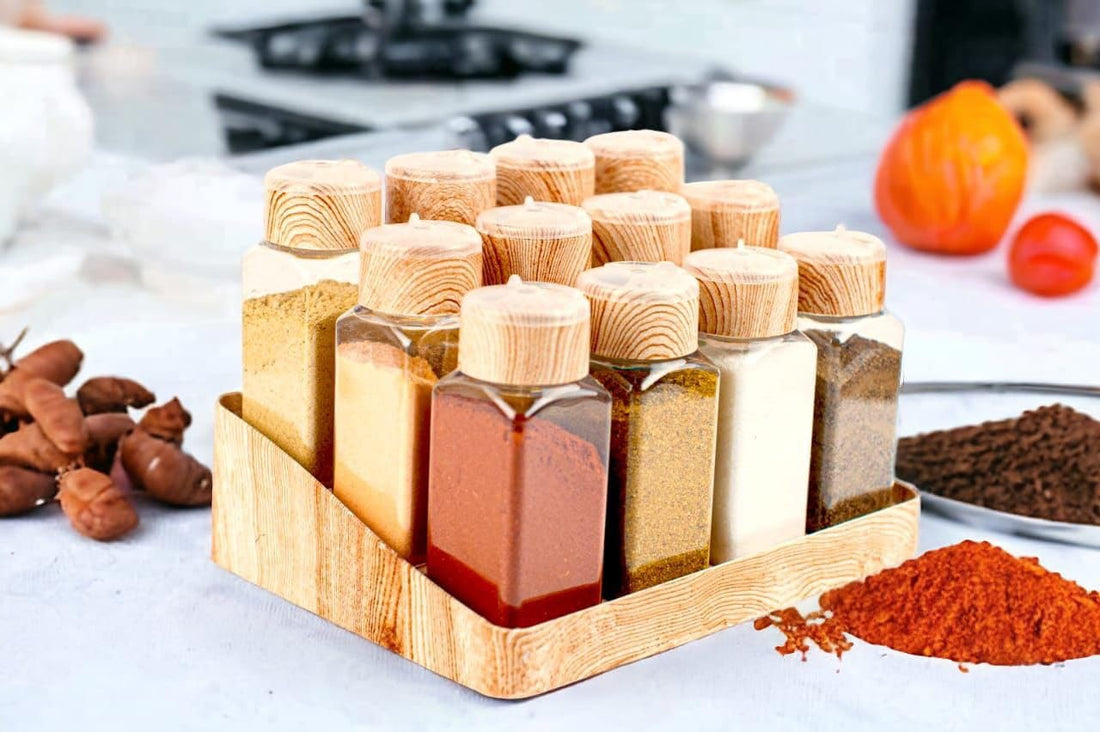 Generic Spice and Seasoning Set, 12 Pieces with Stand and Stickers, Anti-Break, Wooden Plastic Cover (bakar)