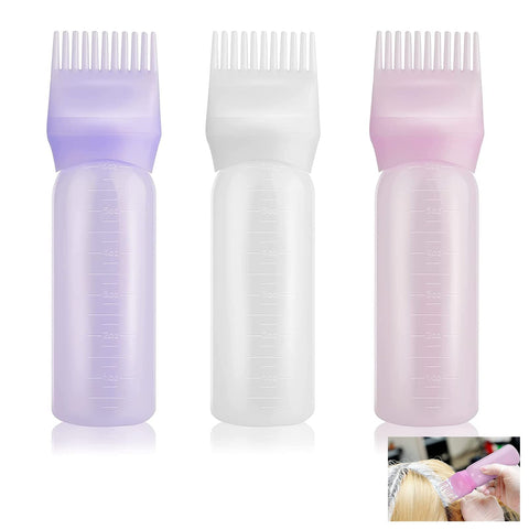 Bansusu Hair Oil Applicator Bottle - 3 Pack Multicolor Root Comb Applicator Bottles with Graduated Scale - Easy-to-Use Hair Color Application Tool for Salon, Home & Travel (Pink, White, Purple)