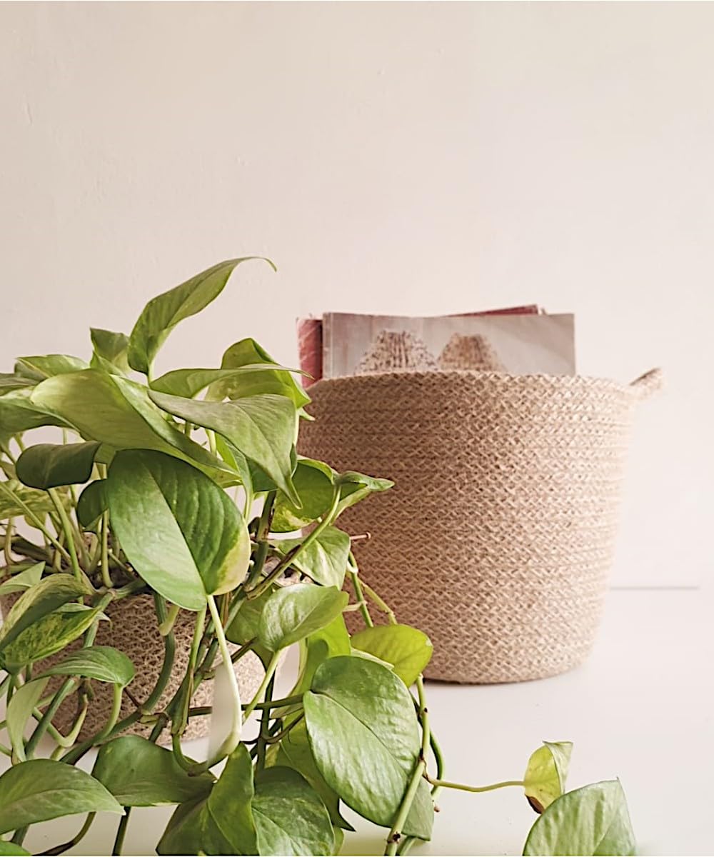 TAYETs Jute Storage Basket, Round, Natural, 20x20cm/25x25cm/30x30cm, Minimalist Style, Multi-Purpose for Living Room, Plant Cover, Storage (20x20 cm)