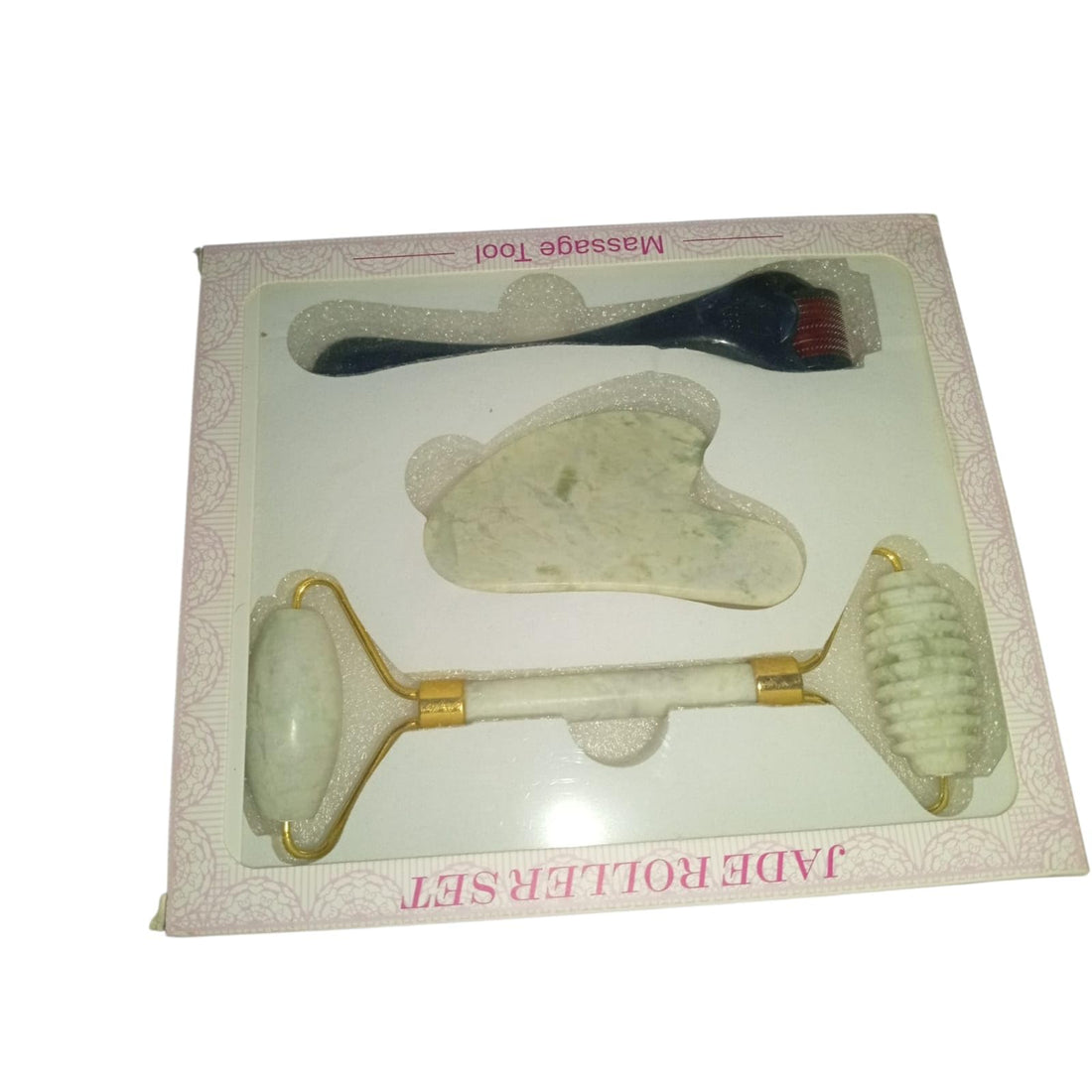 Jade Roller Set, Face Massage Tool, Natural Jade Stone with Gua Sha and Double Roller