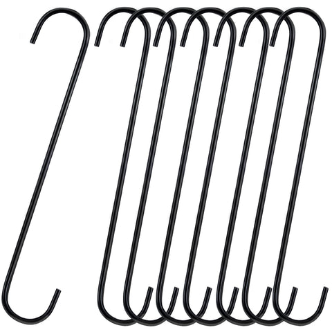8 Pack S Hooks Heavy Duty 12 Inch Large S Shape Hooks for Hanging Plant Pots and Pans Steel Metal Hanger Hook Black Long S-Hook for Hanging Clothes, Plants, bird feeders, Garden Indoor Outdoor