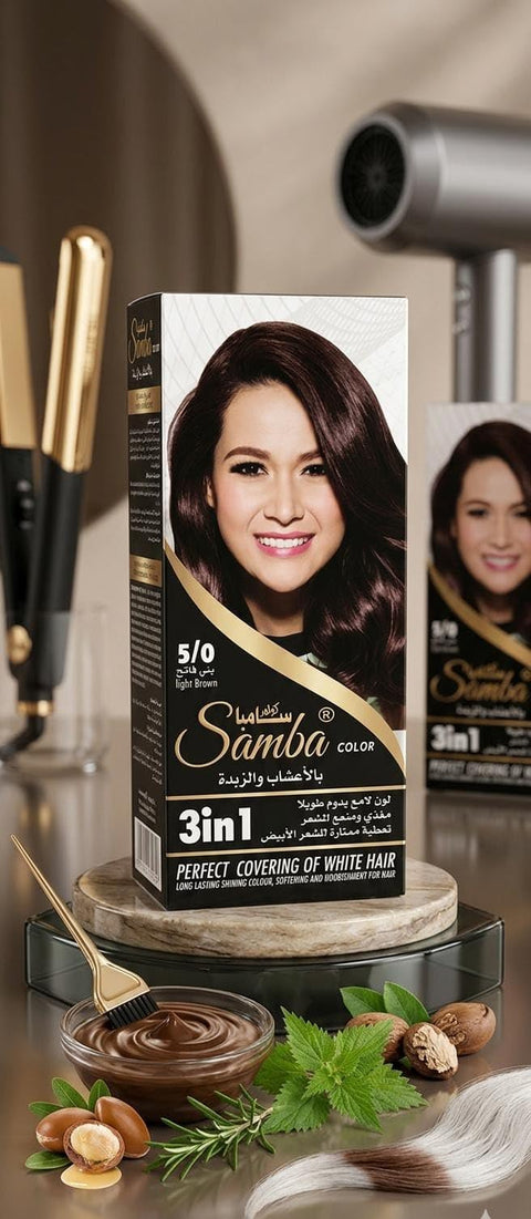 Samba 3 in 1 Herbal Hair Color with Shea Butter & Minimal Ammonia Shine & Nourishment (Light Brown 5/0, 50ml)