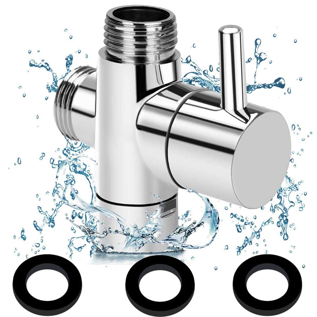 G1/2 T-Adapter,BETOY 3-Way Shower Diverter Brass Universal durable with washer Shower Brass 3-Way Shower Diverter Diverter Valve for Kitchen, Bathroom, Toilet, Restaurant, Hotel,Polished Chrome,Silver