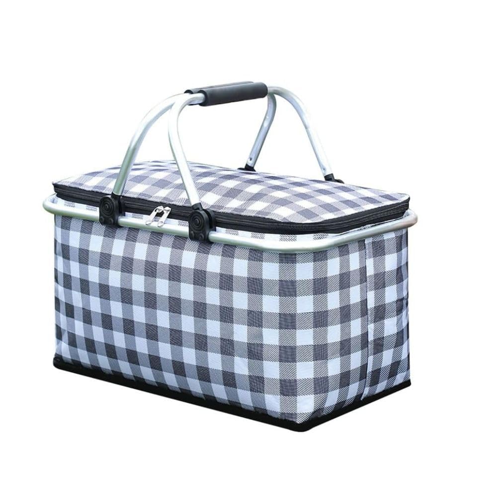 Print Large Picnic Basket | Collapsible Outdoor Lunch Tote Bag | Square Shopping Bag with Metal Frame & Zip | Perfect for Camping & Travel, Lake Trips or Family Vacations (Nevy Blue)