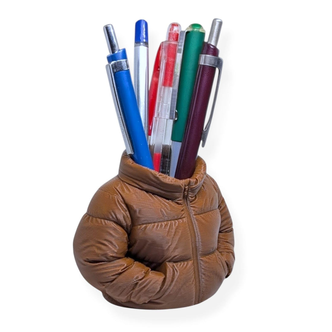 Puffer Jacket Style Pen Holder Desk Organizer – Cute & Fun Office Desk Accessory – Practical Pencil & Stationery Holder – Coffe Brown