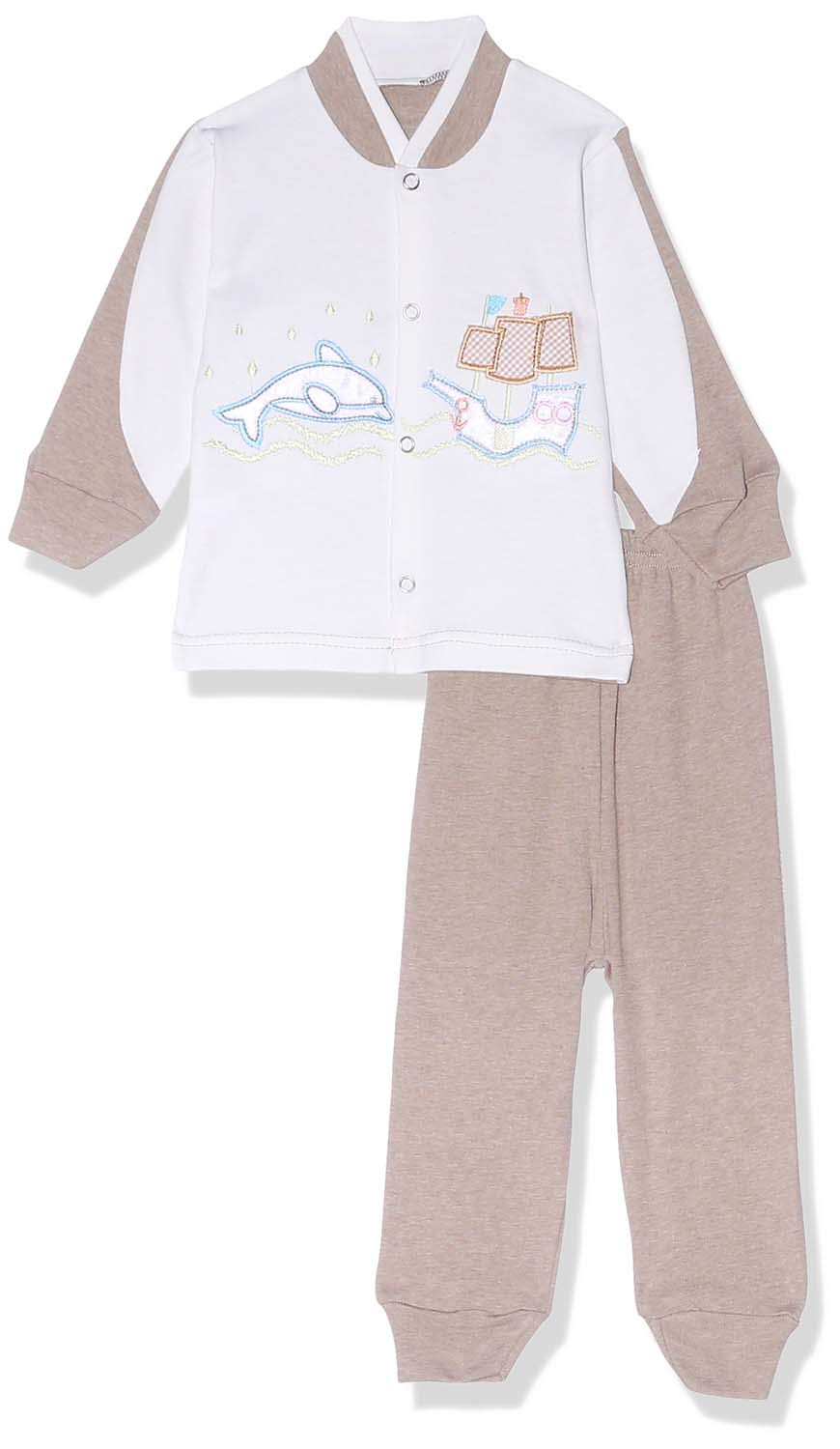 Cotton Side Stitch Detail Two Tone Snap Closure Long Sleeves Top with Pants Pajama Set for Kids - White & Cafe, 0 - 3 Months