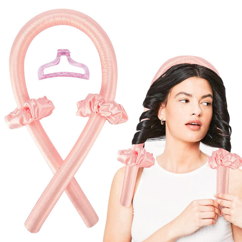 Heatless Curling Rod Headband, Satin Rolling Tool Flexi Rods, Roller Curlers No Heat Overnight, Hair Wrap Curl For Women, Curling Ribbon Over Night Head Band With Clips & Scrunchies pink