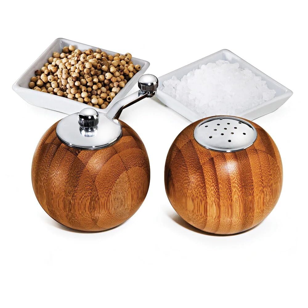 Premium Wooden Salt and Pepper Set – Manual Pepper Grinder + Round Wood Salt – Elegant Design for Kitchen and Dining Table – High Quality Materials and Easy to Use