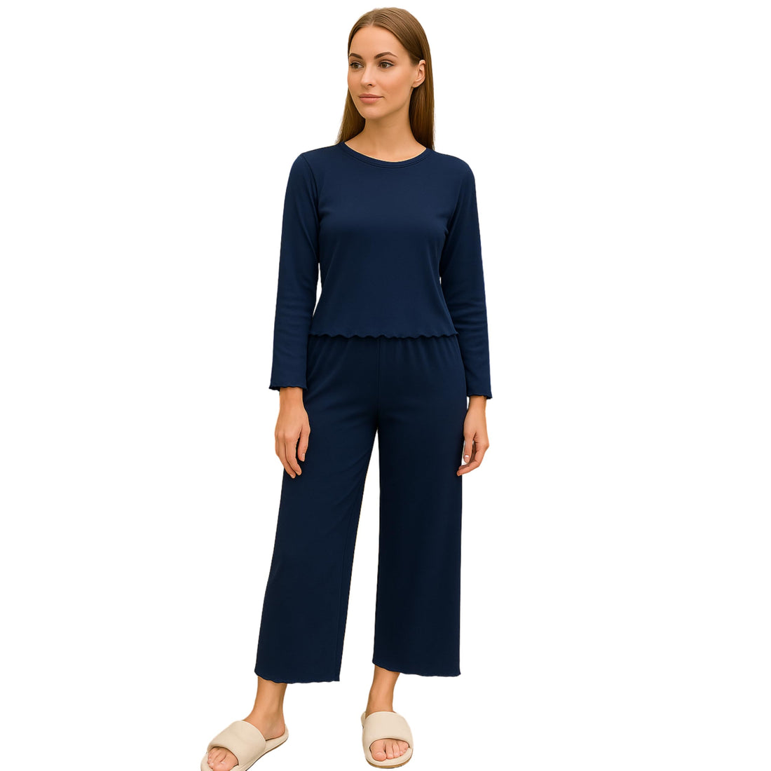 Women's Soft Knit Lounge Pajama Set, Long Sleeve Top & Wide-Leg Pants, Lightweight Sleepwear for Home, Relax, Travel