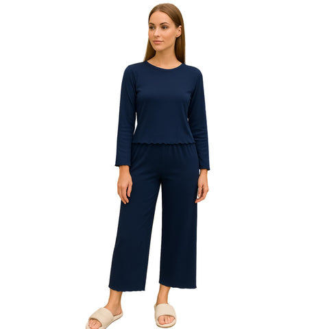 Women's Soft Knit Lounge Pajama Set, Long Sleeve Top & Wide-Leg Pants, Lightweight Sleepwear for Home, Relax, Travel