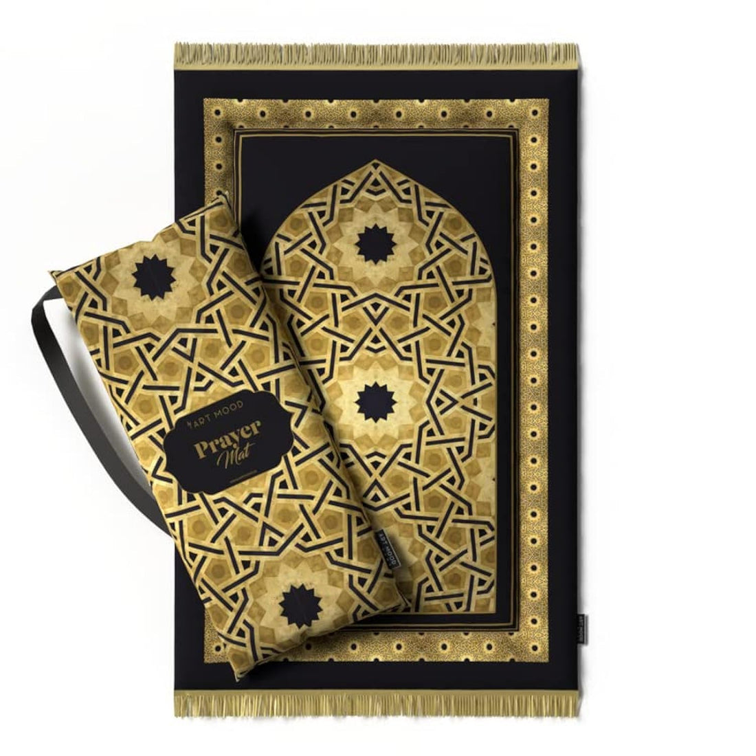 ART MOOD HOME Prayer Mat Stylish, Velvet with Elegant Design, Soft Low Pile with Supportive Cushioning, Lightweight and Foldable for Home and Mosque, 117L × 68W cm, Gold and Black