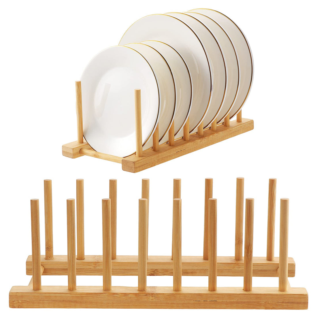 2PCS Wooden Bamboo Dish Rack, Wooden Plate Racks, 8 Slots Plate Rack, Dish Stand Holder Vertical Drainer Kitchen Cabinet Organizer for Dish, Pots, Lids, Bowls, Cups,Cutting Board and More