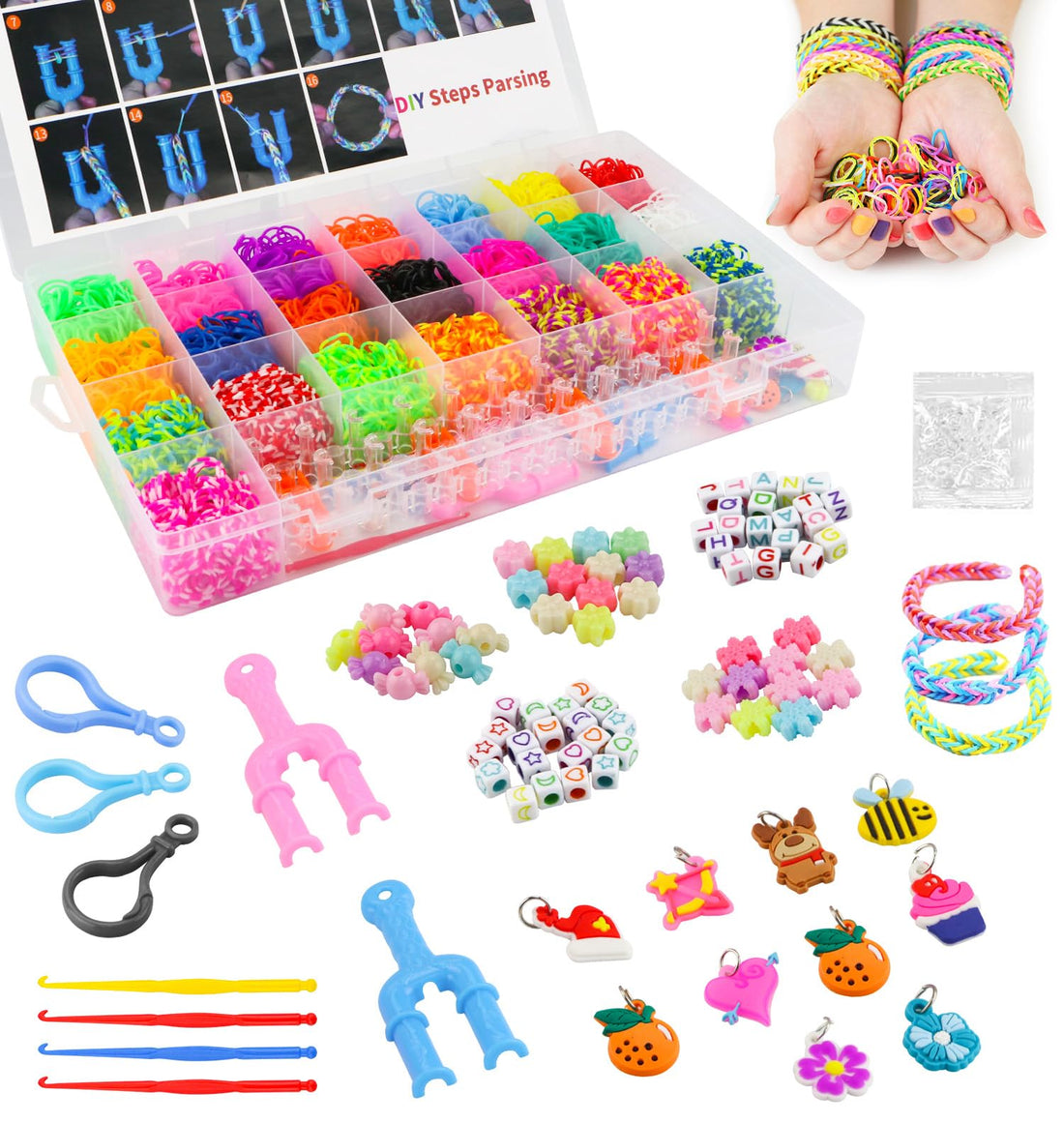 Loom Bands Set 5000+, Colourful Rubber Bands Kit for Bracelets Including 22 Colours Rubber Bands with Storage Box, Letter Beads, Pattern Beads and S-Clips etc. for Gift and DIY