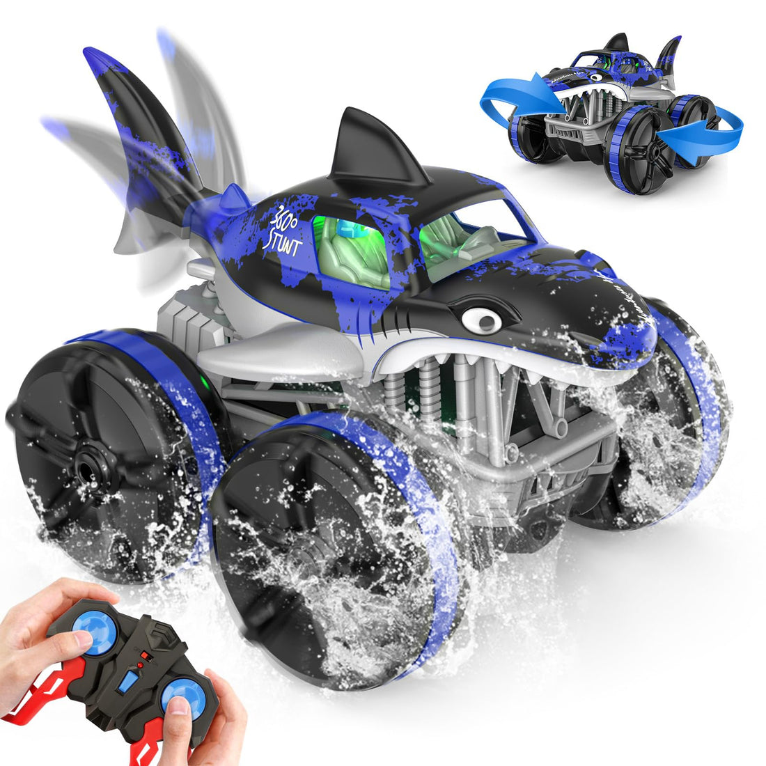 Baztoy Amphibious Remote Control Car, RC Cars 2.4 GHz Working on Water, All Terrain Monster Shark Truck Stunt Car, Toys Gift for Boys Girls Age 5 6 7 8 9 10