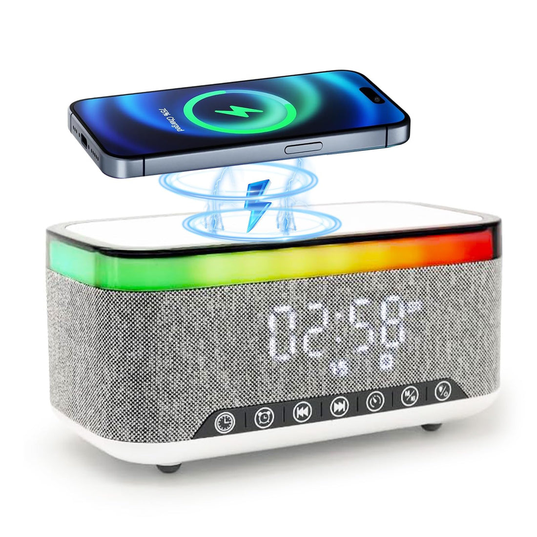 Alarm Clock Radio, Smart Bedside Alarm Clock with Bluetooth Speaker & Wireless Charger - RGB Night Light, 15W Ultra Fast Wireless Phone Charger, LED Time-Temperature Display with 1200mAh Battery